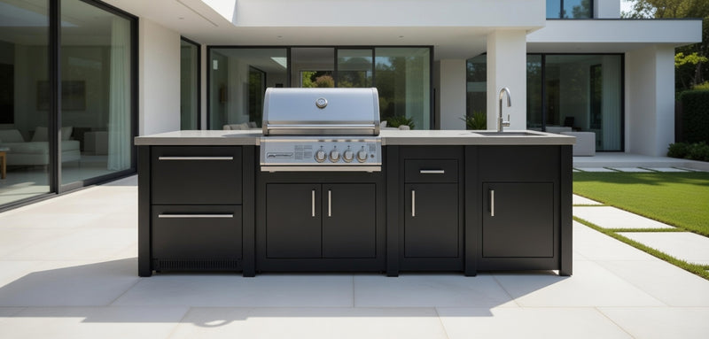 Grandpro by Stoll Aluminum Outdoor Kitchen Graphite Crossray Sink, and Double Drawer Fridge | 3M