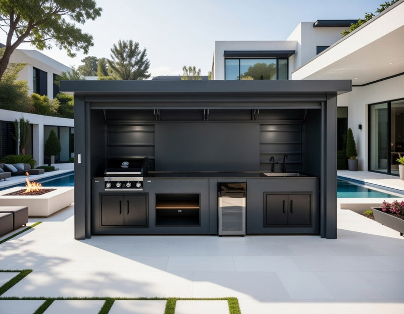 Grillandia Outdoor Kitchen Roll Cabana Pro BBQ, Fridge, and Sink  | 4.2M
