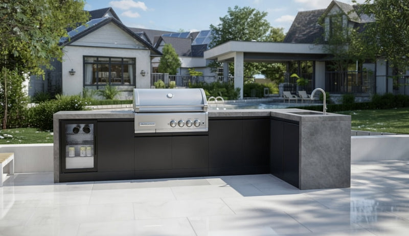GrandPro Outdoor Kitchen with CrossRay 4 Burner BBQ, Sink, Fridge and WaterFall - 3.4m x 1.5m