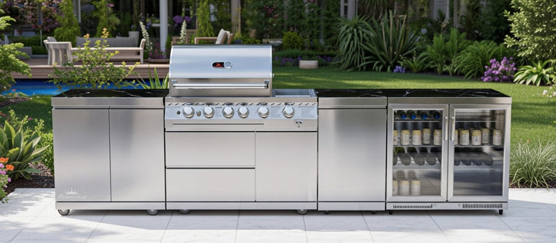 Whistler Outdoor Kitchen 4 Burner BBQ, Fridge, Double Doors and Gas Bottle Cabinet | 3.4Meters