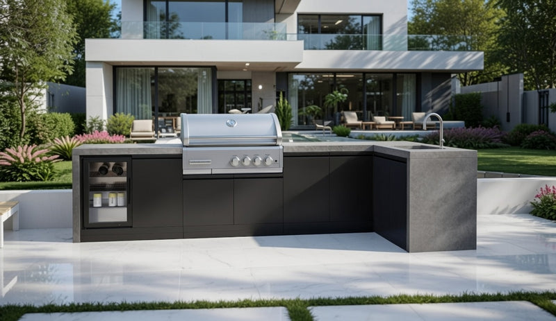 GrandPro Outdoor Kitchen with CrossRay 4 Burner BBQ, Sink, Fridge and WaterFall - 3.4m x 1.5m