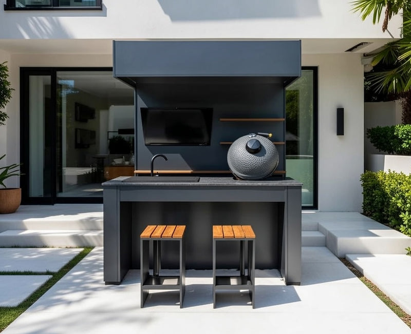 Grillandia Outdoor Kitchen Open Pro Kamado Grill Cabana, Stools, 40" TV, and Sink | 2M