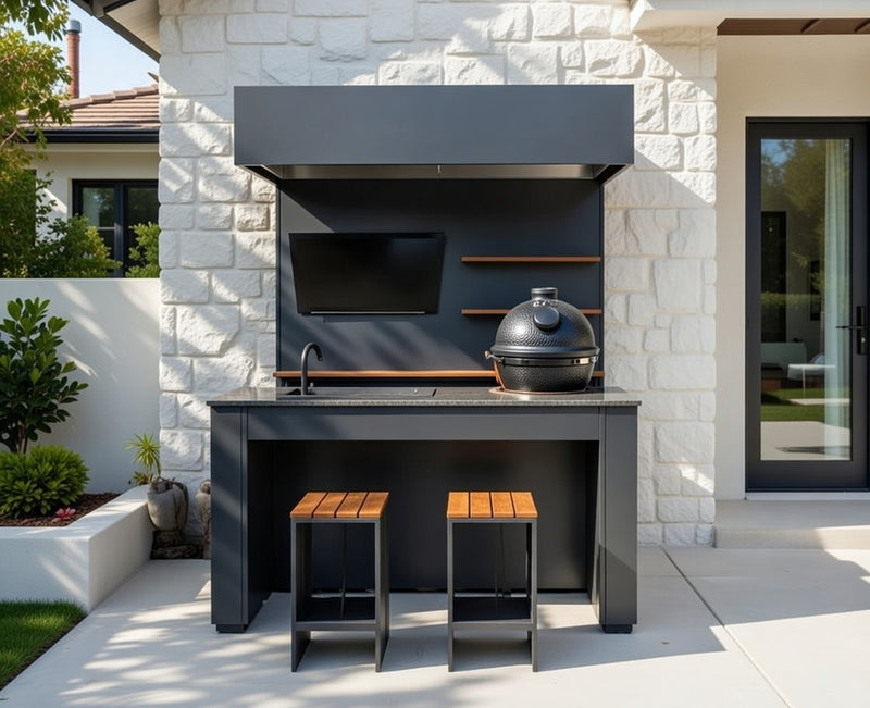 Grillandia Outdoor Kitchen Open Pro Kamado Grill Cabana, Stools, 40" TV, and Sink | 2M