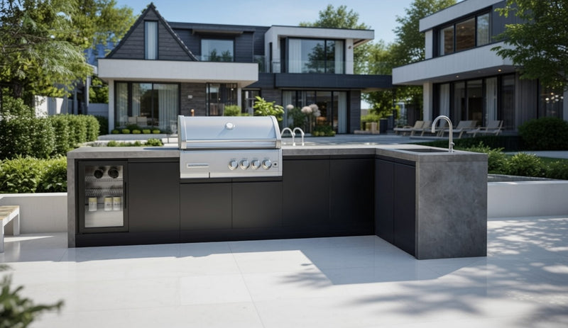 GrandPro Outdoor Kitchen with CrossRay 4 Burner BBQ, Sink, Fridge and WaterFall - 3.4m x 1.5m
