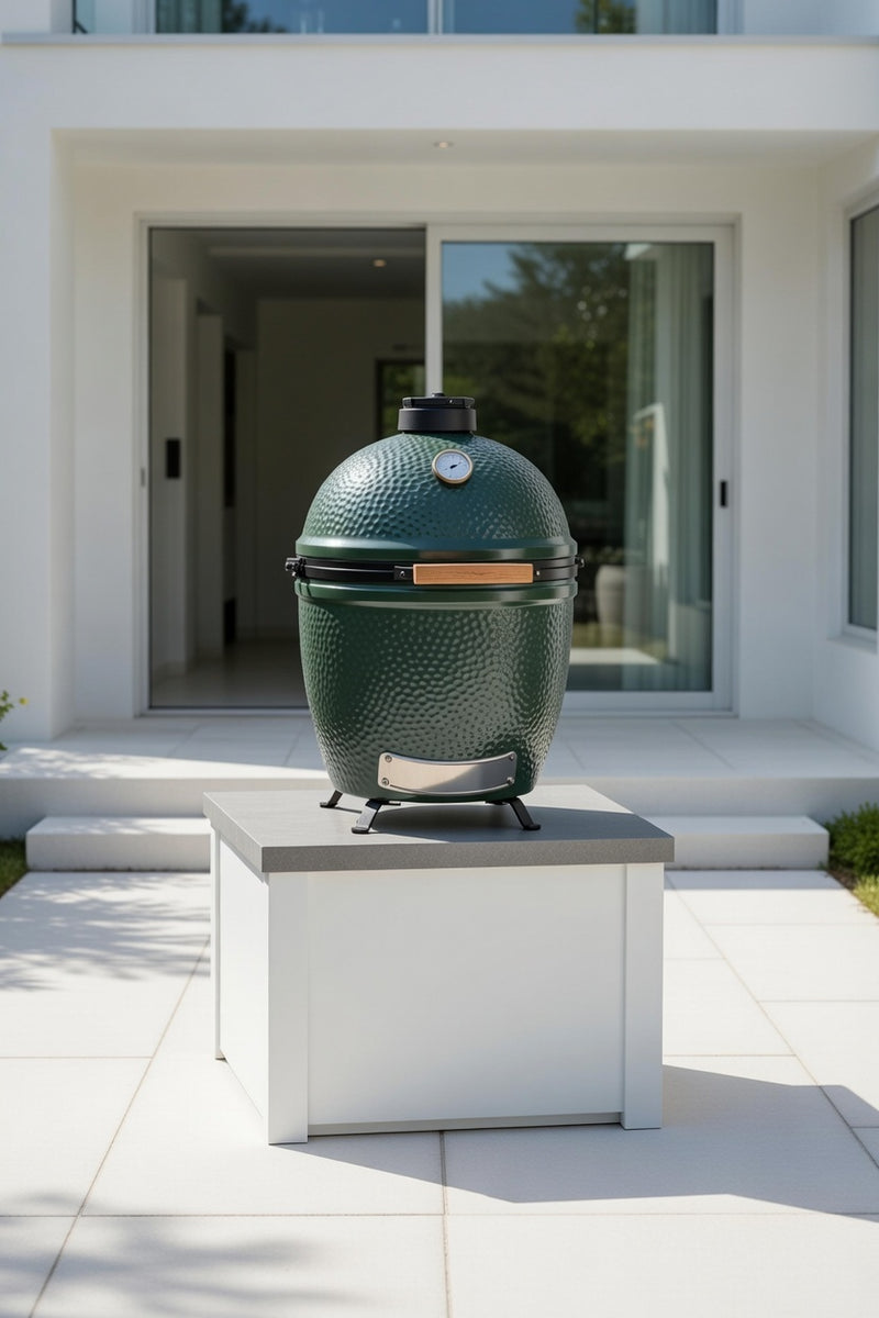 Grandpro by Stoll Aluminum Outdoor Kitchen Crossray Green Egg, Sink, and Double Drawer Fridge