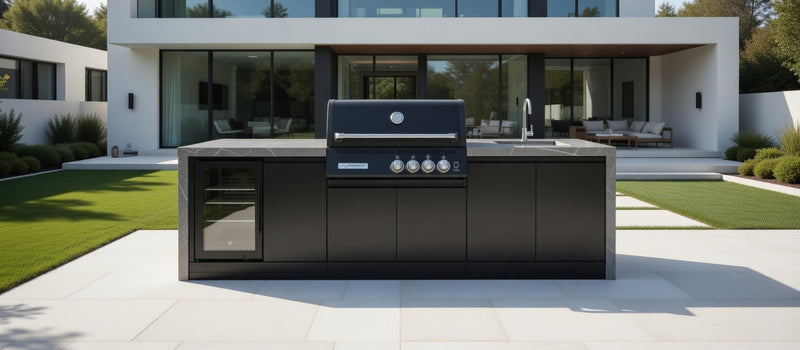GrandPro Outdoor Kitchen with Black CrossRay 4 Burner BBQ, Sink, Fridge and WaterFall - 2.9m