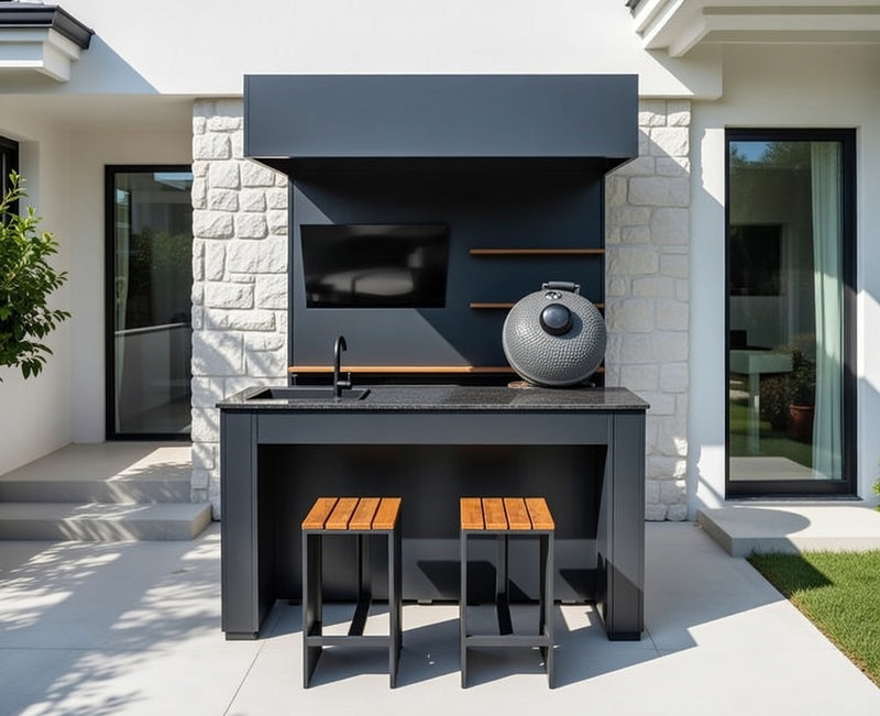 Grillandia Outdoor Kitchen Open Pro Kamado Grill Cabana, Stools, 40" TV, and Sink | 2M