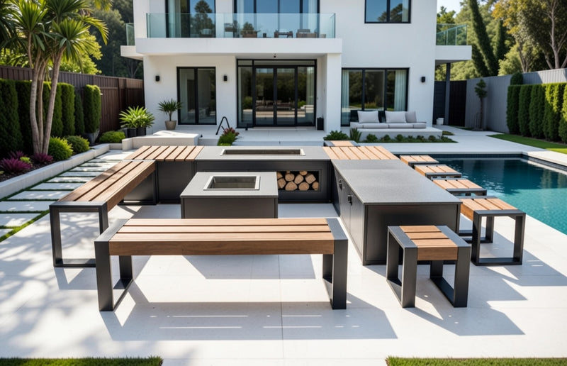 Grillandia T-Bone Dining table with 6 poufs, 2 grill benches