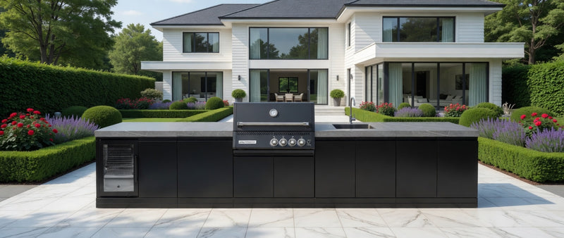 GrandPro Outdoor Kitchen with Black CrossRay 4 Burner BBQ, Fridge and Sink - 4140mm