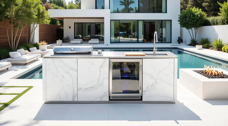 Buschbeck Derby Outdoor Kitchen – White Marbled Ceramic Finish 2.6M Plus Weather Protection Cover