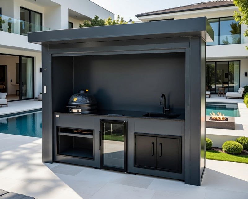 Grillandia Outdoor Kitchen Roll Cabana Kamado BBQ, Fridge, and Sink  | 2.9M