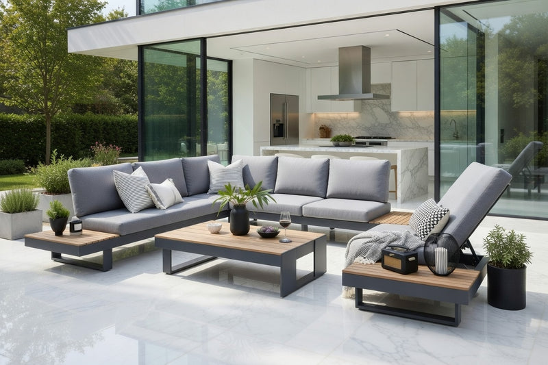 Easton Large Corner Set With Sun Recliner -Anthracite Aluminium Frame with Poly Wood Table Top and Sides – Grey Cushions