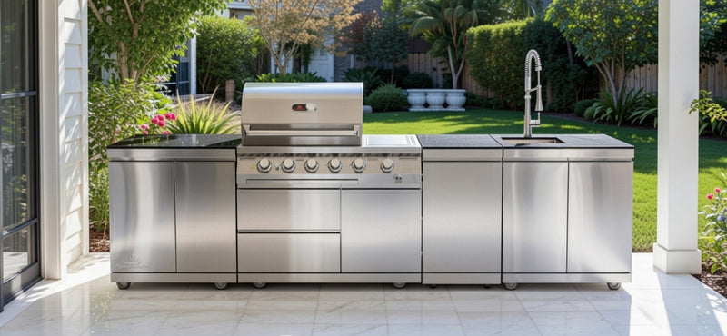 Whistler Outdoor Kitchen 4 Burner BBQ, Sink, Double Doors and Gas Bottle Cabinet | 3.3Meters