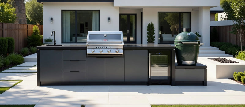 Cabinex Premium Outdoor Kitchen Beefeater 7000 Classic 4 Burner, Fridge and Sink + Green Egg and Base | 4.1Meters