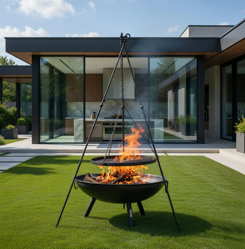 Tripod plus Plain Jane with Swing Arm BBQ Rack Fire Pit 90cm