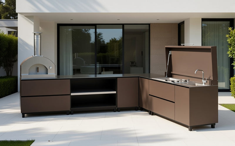 Hoppilif Outdoor Kitchen | L-Shape with Pizza Oven, Plancha Grill & Sink – Oxide Brown (3.6m x 2.8m)