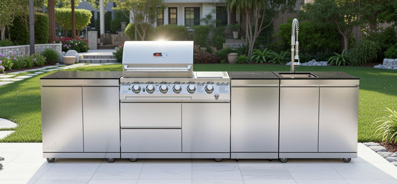 Whistler Outdoor Kitchen 4 Burner BBQ, Sink, Double Doors and Gas Bottle Cabinet | 3.3Meters