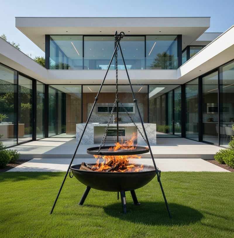Tripod plus Plain Jane with Swing Arm BBQ Rack Fire Pit 90cm