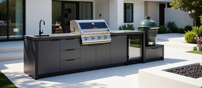 Cabinex Premium Outdoor Kitchen Beefeater 7000 Classic 4 Burner, Fridge and Sink + Green Egg and Base | 4.1Meters