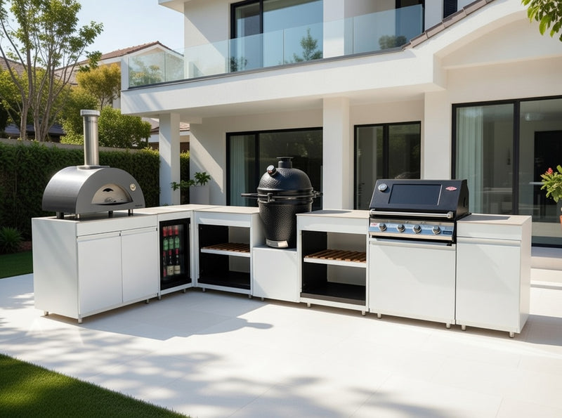 Vision Outdoor Kitchen L Shape Fridge Pizza oven, Kamado, and Barbecue Grill