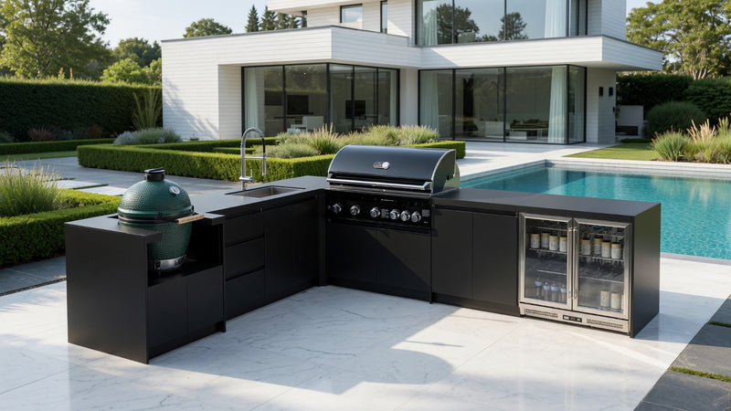 Whistler Fairford L-Shaped Black Outdoor Kitchen with Burford 5-Burner BBQ | Dimensions 3.1m x 3.5m
