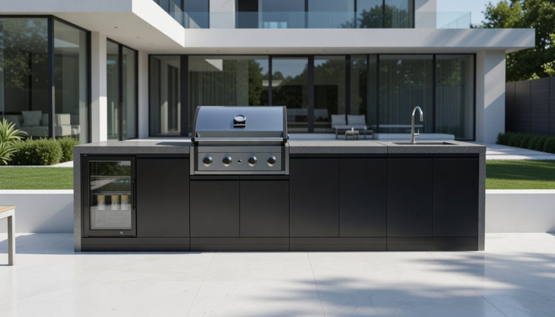 GrandPro Outdoor Kitchen with Elite Pro 4 Burner BBQ, Fridge, Sink and WaterFall - 3.4m