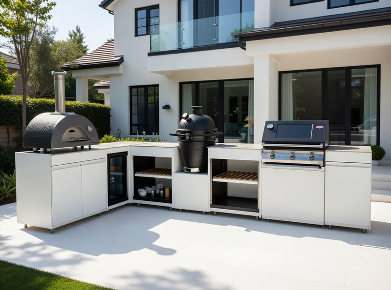 Vision Outdoor Kitchen L Shape Fridge Pizza oven, Kamado, and Barbecue Grill