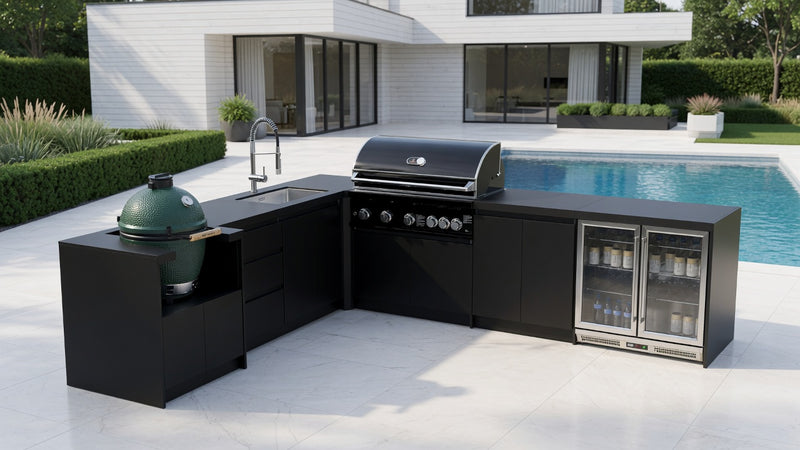 Whistler Fairford L-Shaped Black Outdoor Kitchen with Burford 5-Burner BBQ | Dimensions 3.1m x 3.5m