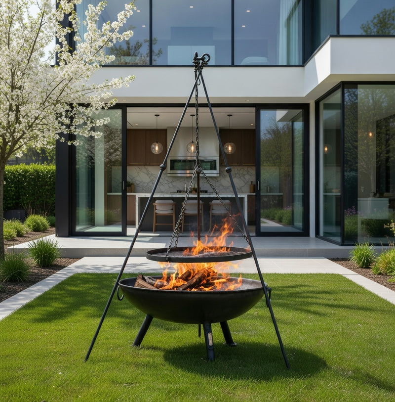 Tripod plus Plain Jane with Swing Arm BBQ Rack Fire Pit 90cm