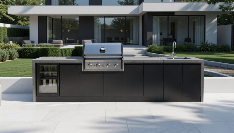 GrandPro Outdoor Kitchen with Elite Pro 4 Burner BBQ, Fridge, Sink and WaterFall - 3.4m