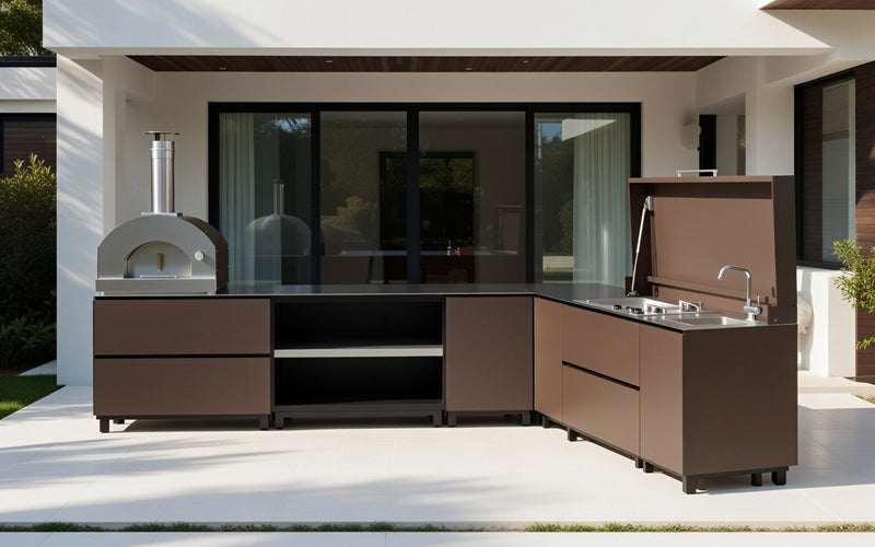 Hoppilif Outdoor Kitchen | L-Shape with Pizza Oven, Plancha Grill & Sink – Oxide Brown (3.6m x 2.8m)