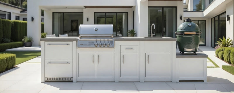 Grandpro by Stoll Aluminum Outdoor Kitchen Crossray Green Egg, Sink, and Double Drawer Fridge