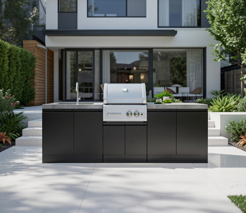 GrandPro Outdoor Kitchen with CrossRay 2 Burner BBQ, and Sink - 2.5m