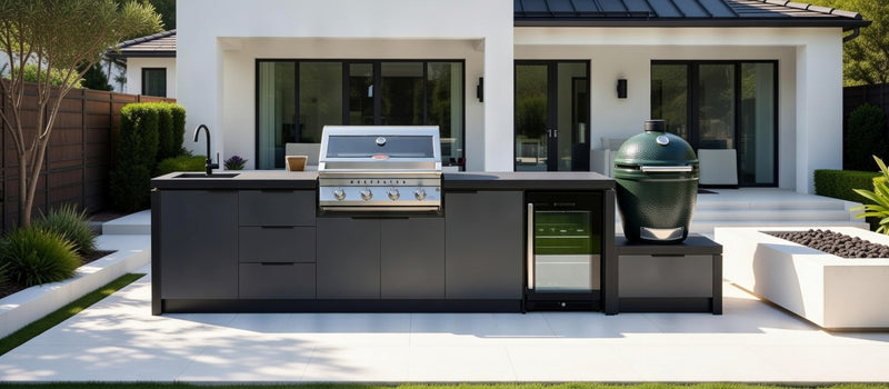 Cabinex Premium Outdoor Kitchen Beefeater 7000 Classic 4 Burner, Fridge and Sink + Green Egg and Base | 4.1Meters