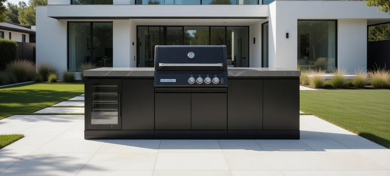GrandPro Outdoor Kitchen with Black CrossRay 4 Burner BBQ, Fridge - 2.8m