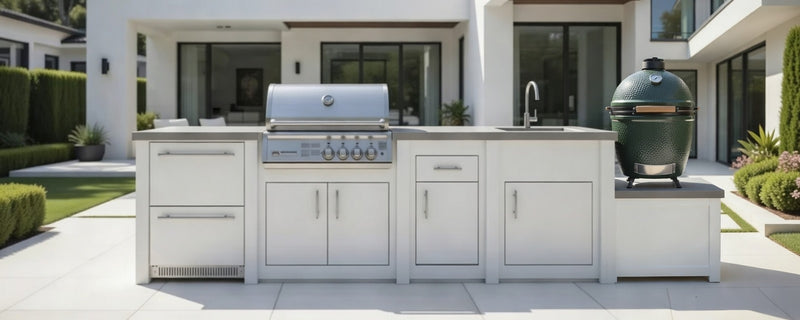 Grandpro by Stoll Aluminum Outdoor Kitchen Crossray Green Egg, Sink, and Double Drawer Fridge