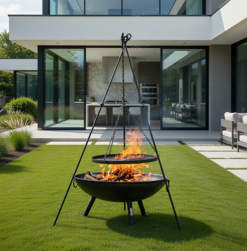 Tripod plus Plain Jane with Swing Arm BBQ Rack Fire Pit 90cm