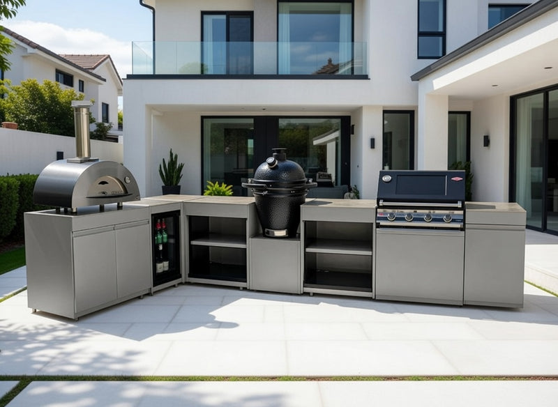 Vision Outdoor Kitchen L Shape Fridge Pizza oven, Kamado, and Barbecue Grill
