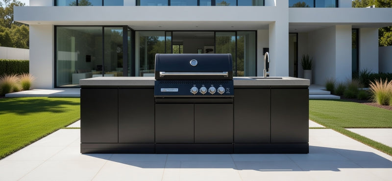 GrandPro Outdoor Kitchen with Black CrossRay 4 Burner BBQ, and Sink - 2.8m
