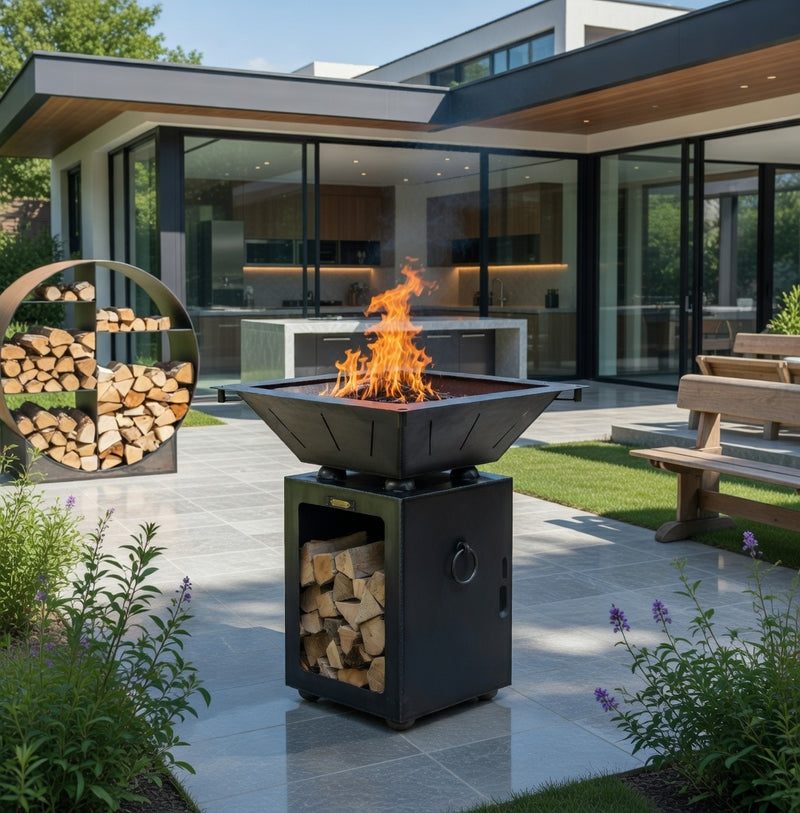 Box Tower with Log Store and Two Swing Arm BBQ Racks
