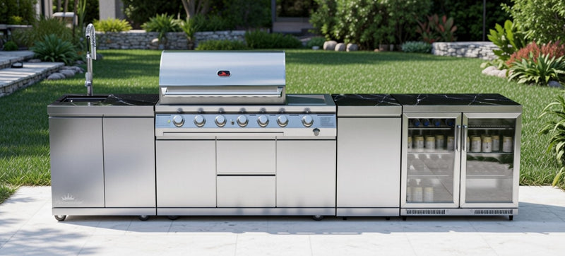 Whistler Outdoor Kitchen 4 Burner BBQ, Triple Drawer, Fridge and Gas Bottle Cabinet | 3.4Meters