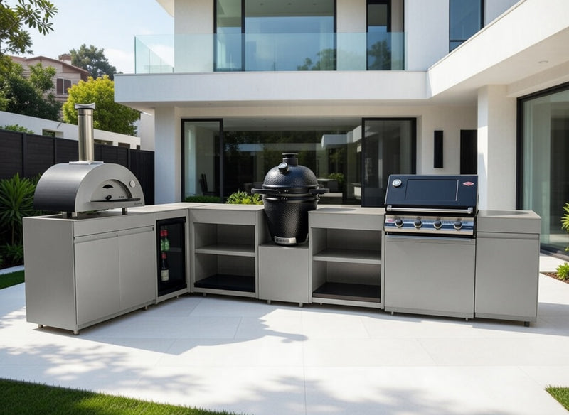 Vision Outdoor Kitchen L Shape Fridge Pizza oven, Kamado, and Barbecue Grill