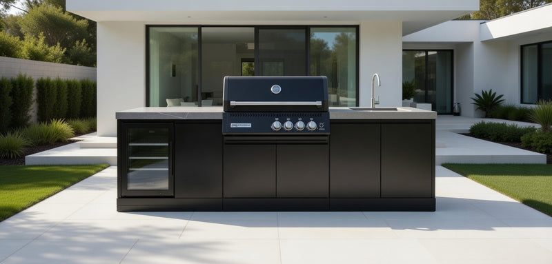 GrandPro Outdoor Kitchen with Black CrossRay 4 Burner BBQ, Fridge and Sink - 2.8m