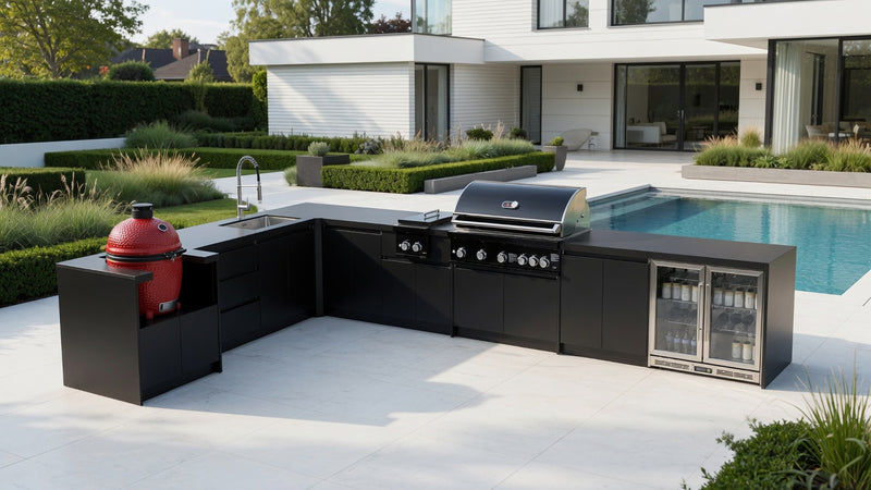 Whistler Fairford Black L-Shaped Outdoor Kitchen with Burford 5-Burner BBQ | Dimensions 3.1m x 5.1m