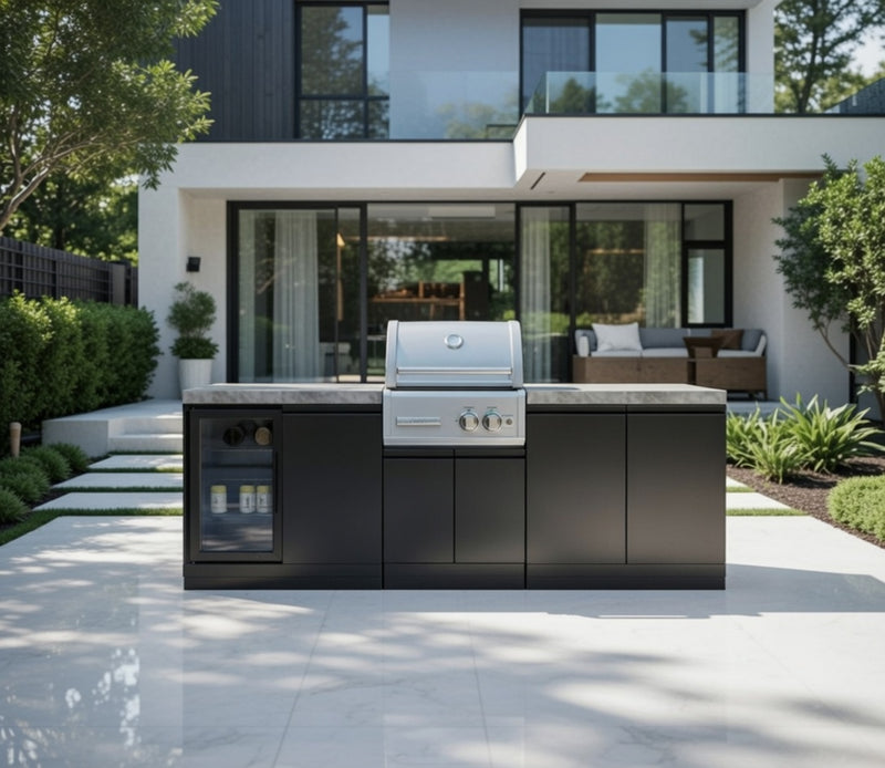 GrandPro Outdoor Kitchen with CrossRay 2 Burner BBQ, and Fridge - 2.5m