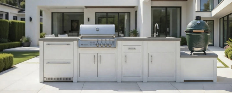 Grandpro by Stoll Aluminum Outdoor Kitchen Crossray Green Egg, Sink, and Double Drawer Fridge