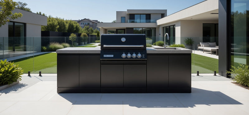 GrandPro Outdoor Kitchen with Black CrossRay 4 Burner BBQ, and Sink - 2.8m
