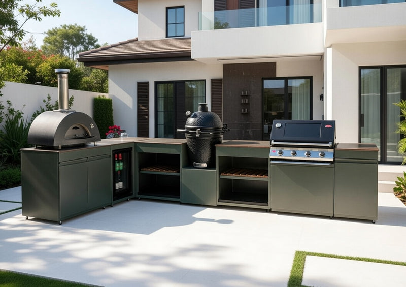 Vision Outdoor Kitchen L Shape Fridge Pizza oven, Kamado, and Barbecue Grill