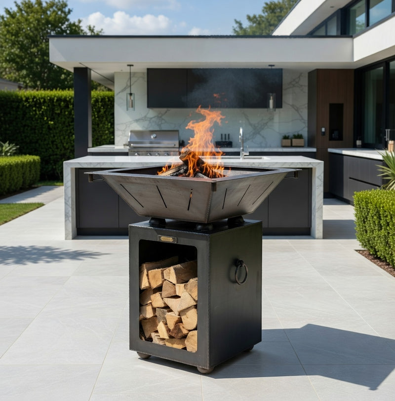 Box Tower with Log Store and Two Swing Arm BBQ Racks