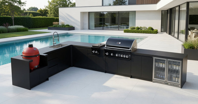 Whistler Fairford Black L-Shaped Outdoor Kitchen with Burford 5-Burner BBQ | Dimensions 3.1m x 5.1m